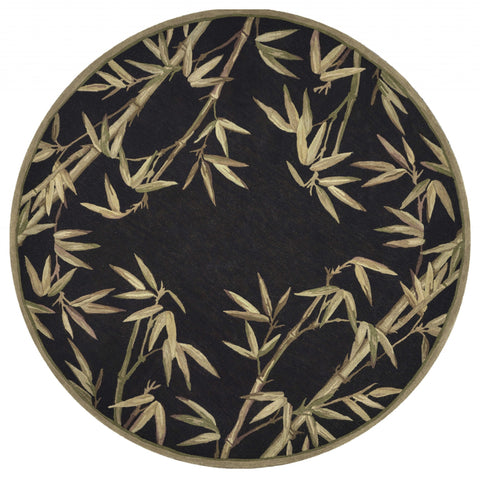 5' Black Green And Brown Wool Tropical Botanical Hand Tufted Round Rug