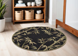 5' Black Green And Brown Wool Tropical Botanical Hand Tufted Round Rug