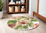 6' Beige Green And Pink Wool Botanical Leaves Hand Tufted Round Rug