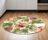 6' Beige Green And Pink Wool Botanical Leaves Hand Tufted Round Rug