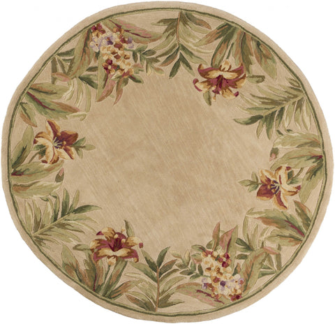5' Beige Red And Green Wool Tropical Floral Hand Tufted Round Rug