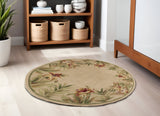 5' Beige Red And Green Wool Tropical Floral Hand Tufted Round Rug