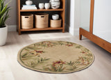 5' Beige Red And Green Wool Tropical Floral Hand Tufted Round Rug