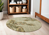 6' Sage Taupe And Green Wool Tropical Botanical Hand Tufted Round Rug