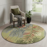 5' Blue And Green Wool Tropical Botanical Hand Tufted Round Rug
