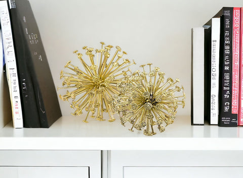 Set of Two Gold Cast Iron Decorative Spiky Sphere Tabletop Sculptures