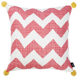18" Pink and White Chevron Throw Pillow Cover With Pompoms