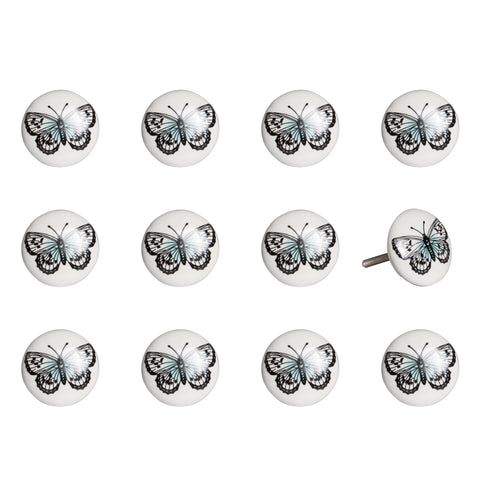Set of Twelve Black And White Botanical Ceramic Drawer Pull Knobs