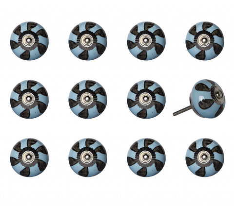 Set of Twelve Blue And Black Geometric Ceramic Drawer Pull Knobs