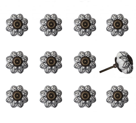 Set of Twelve Black And White Floral Ceramic Drawer Pull Knobs