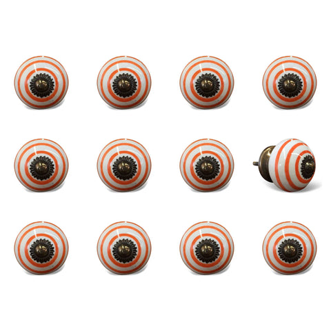 Set of Twelve Orange And White Geometric Ceramic Drawer Pull Knobs