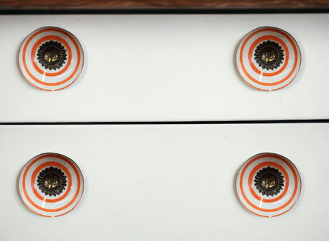 Set of Twelve Orange And White Geometric Ceramic Drawer Pull Knobs