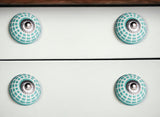 Set of Eight Turquoise And White Geometric Ceramic Drawer Pull Knobs