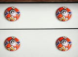 Set of Eight Orange And White Floral Ceramic Drawer Pull Knobs