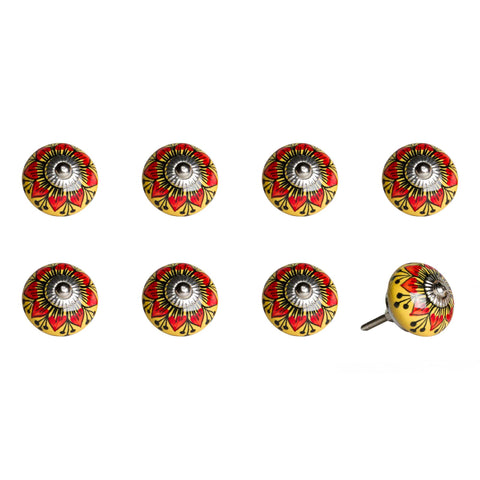 Set of Eight Yellow And Black Floral Ceramic Drawer Pull Knobs