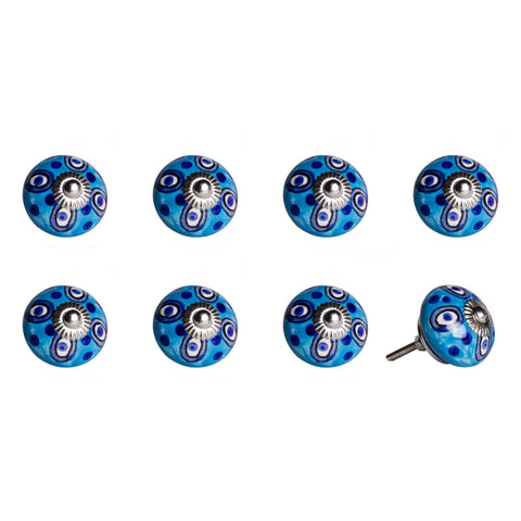 Set of Eight Blue And White Botanical Ceramic Drawer Pull Knobs