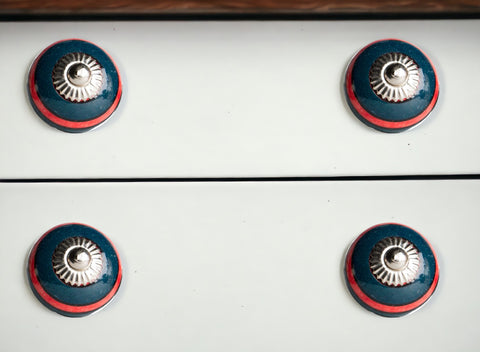 Set of Twelve Navy Blue And Red Geometric Ceramic Drawer Pull Knobs
