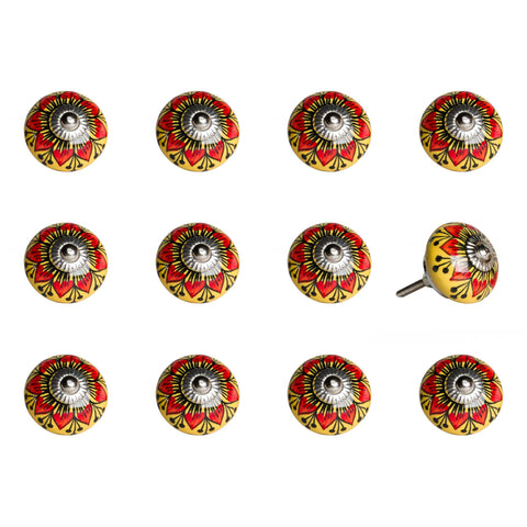 Set of Twelve Yellow And Black Floral Ceramic Drawer Pull Knobs
