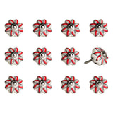 Set of Twelve Red And White Floral Ceramic Drawer Pull Knobs