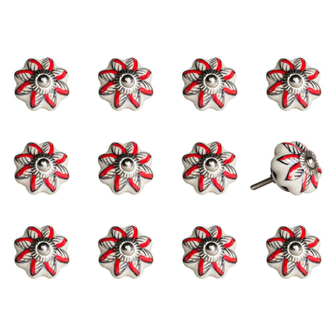 Set of Twelve Red And White Floral Ceramic Drawer Pull Knobs