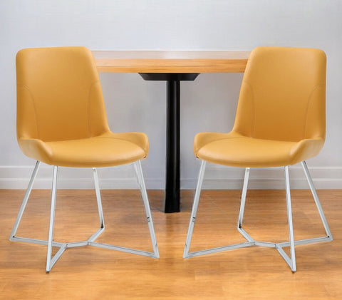 Set of Two Orange and Silver Upholstered Dining Side Chairs