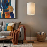 61" Brass Metal Floor Lamp With White Fabric Cylinder Shade