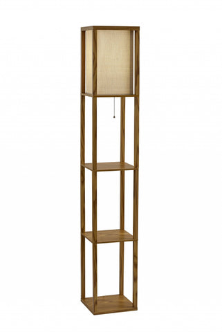 63" Natural Solid Wood Column With Brown Fabric Shade