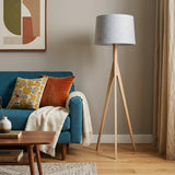 59" Natural Solid Wood Tripod Floor Lamp With Gray Fabric Empire Shade