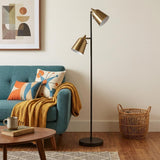 58" Black Two Light Task Floor Lamp With Antiqued Brass Metal Cone Shade