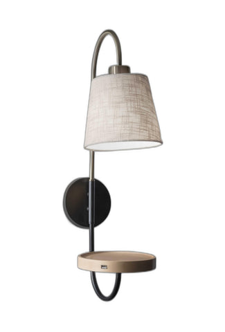 Antique Brass And Black Metal USB Charging Station Wall Lamp With Wood Shelf
