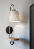 Antique Brass And Black Metal USB Charging Station Wall Lamp With Wood Shelf