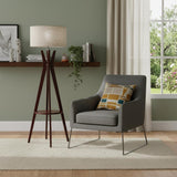 60" Brown And White Solid Wood Tripod Floor Lamp With White Fabric Drum Shade