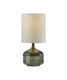 16" Black And Dark Green Wood And Smoked Glass Table Lamp With Beige Drum Shade
