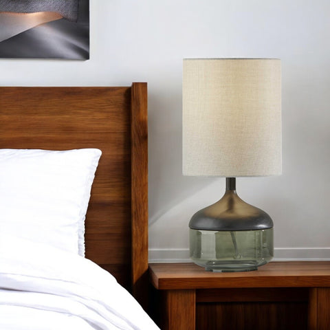 16" Black And Dark Green Wood And Smoked Glass Table Lamp With Beige Drum Shade