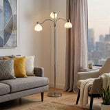 69" Silver Three Light Tree Floor Lamp With White Plastic Bowl Shade