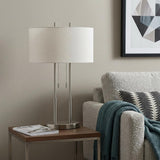 27" Silver Metal Two Light Bedside Lamp With Off White Drum Shade