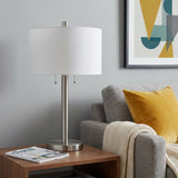 28" Silver Metal Two Light Bedside Table Lamp With White Drum Shade