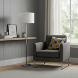61" Silver Two Light Floor Lamp With White Fabric Drum Shade