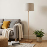 59" Natural Solid Wood Floor Lamp With White Linen Drum Shade