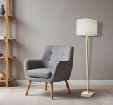59" Natural Solid Wood Floor Lamp With White Linen Drum Shade