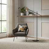63" Black And Gold Adjustable LED Task Floor Lamp With Antiqued Brass Metal Cylinder Shade