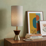 23" Brass Metal And Wood Table Lamp With Beige Drum Shade