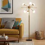 64" Brass Six Light LED Novelty Floor Lamp With White Glass Globe Shades