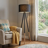 Black Metal Tripod Floor Lamp With Black Fabric Drum Shade
