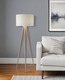 60" Natural Metal Tripod Floor Lamp With White Fabric Drum Shade