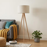 60" Natural Metal Tripod Floor Lamp With White Fabric Drum Shade
