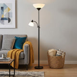 71" Two Light Torchiere Floor Lamp With White Acrylic Bowl Shades
