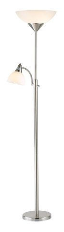 71" Silver Metal Two Light Torchiere Floor Lamp With White Bowl Shade