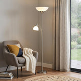 71" Silver Metal Two Light Torchiere Floor Lamp With White Bowl Shade