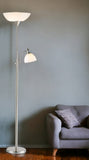 71" Silver Metal Two Light Torchiere Floor Lamp With White Bowl Shade